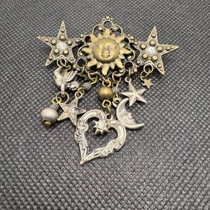 Burnished Gold and Silver Tone Celestial Charm Brooch